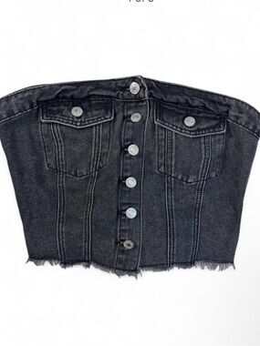Black Denim Button-Front Corset Strapless Top